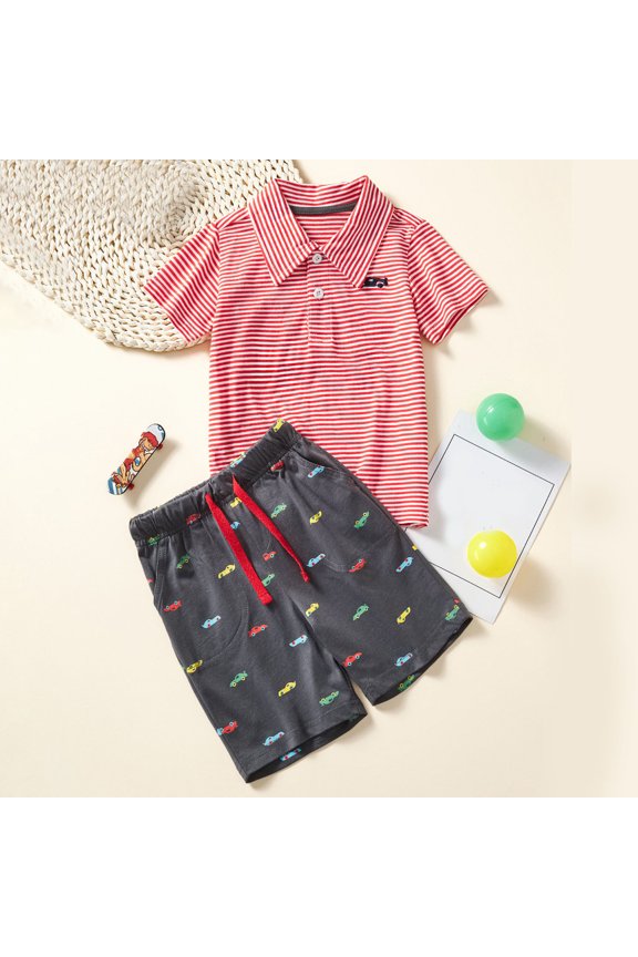 Toddler Fashion Striped Set, Cartoon Graphic Tee and Matching Shorts Outfit