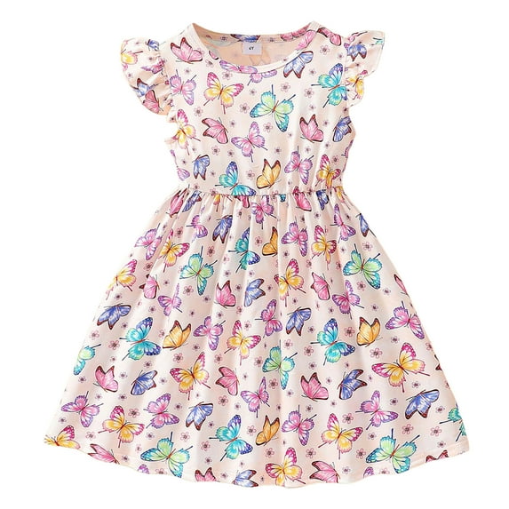 RTKFRFLM Toddler Girls Casual Dresses Fly Sleeve Cartoon Prints Summer Cute Midi Girl Sundress Dresses Flower Girl Dresses,Size 4-5 Years