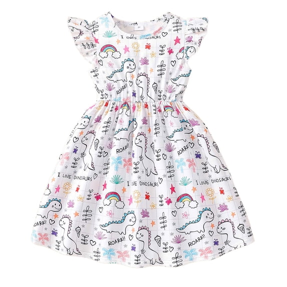 RTKFRFLM Toddler Girls Casual Dresses Fly Sleeve Cartoon Prints Summer Cute Midi Girl Sundress Dresses Flower Girl Dresses,Size 5-6 Years