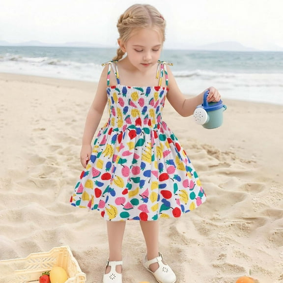 RTKFRFLM Toddler Girls Casual Dresses Summer Baby Floral Print Strappy Dress Lightweight Dress With Adjustable Ties For Beach Casual Outfits Girl Beach Sundress Dresses,Size 2-3 Years