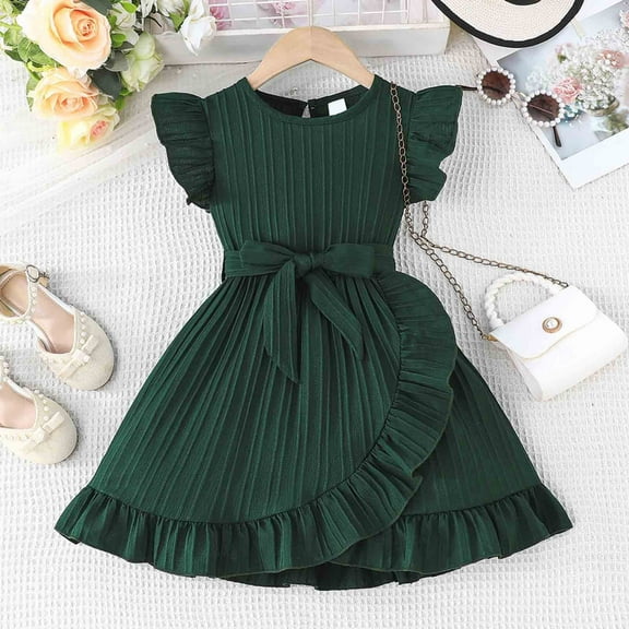 RTKFRFLM Toddler Girls Casual Dresses Summer Striped Flutter Sleeve Dress With Ruffled Adjustable Waist Belt Casual Round Neck Beachwear Girl Beach Sundress Dresses,Size 5-6 Years