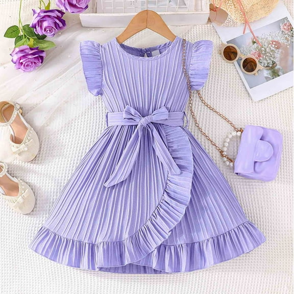 RTKFRFLM Toddler Girls Casual Dresses Summer Striped Flutter Sleeve Dress With Ruffled Adjustable Waist Belt Casual Round Neck Beachwear Girl Beach Sundress Dresses,Size 4-5 Years