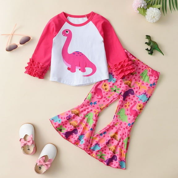 RTKFRFLM Toddler Girls Outfit 2 Piece Long Sleeve Tops Cartoon Dinosaur Prints Bottoms Pants Outfits Clothes Sets
