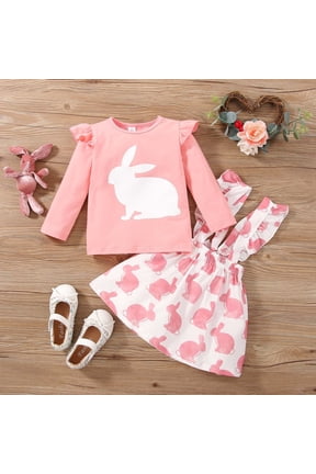 Toddler Girls Pink Easter Outfit for 1-5 Years, Soft Cotton Long Sleeve Top and Bunny Print Suspender Skirt 2-Piece Set, Fashionable Holiday Spring Party Clothing, Stylish Kids Gown