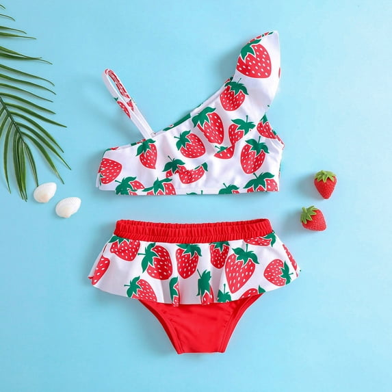 RTKFRFLM Toddler Girls Strawberry Bikini Set 2-Piece Cute Fruit Print Bathing Suit Top & Shorts for Kids Ages 1-5