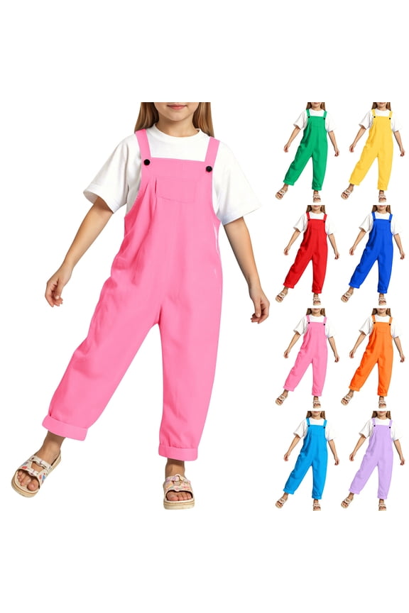 Toddler Kids Suspender Long Pants Candy Color Solid Overalls Cotton Jumpsuit with Adjustable Straps for Boys Girls School Daily Casual Outfits