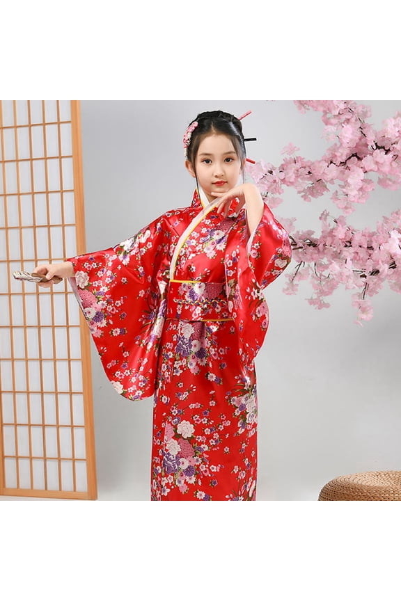 Traditional Japanese Kimono for Girls Floral Yukata Robe Kids Cultural Festival