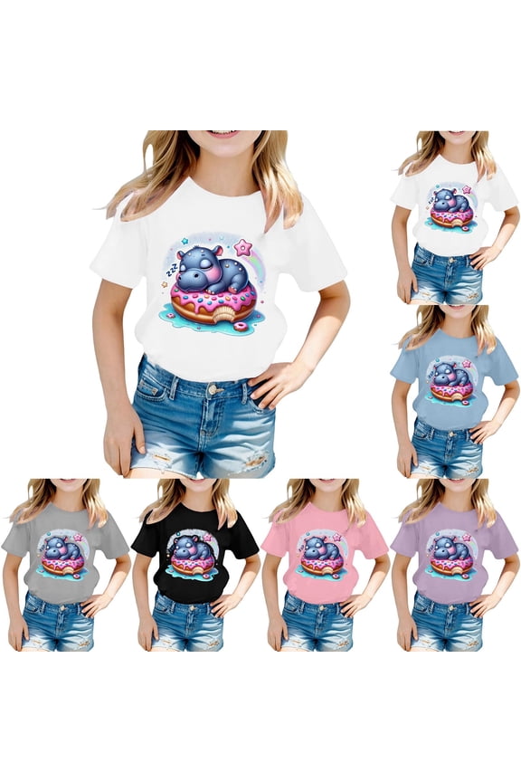 Unisex Kids Hippo Cartoon Graphic T-Shirt Boys Girls Round Neck Short Sleeve Loose Fit Tee Top Summer Fashion Casual Cotton Shirt Trendy Children's Daily Playwear Soft Top