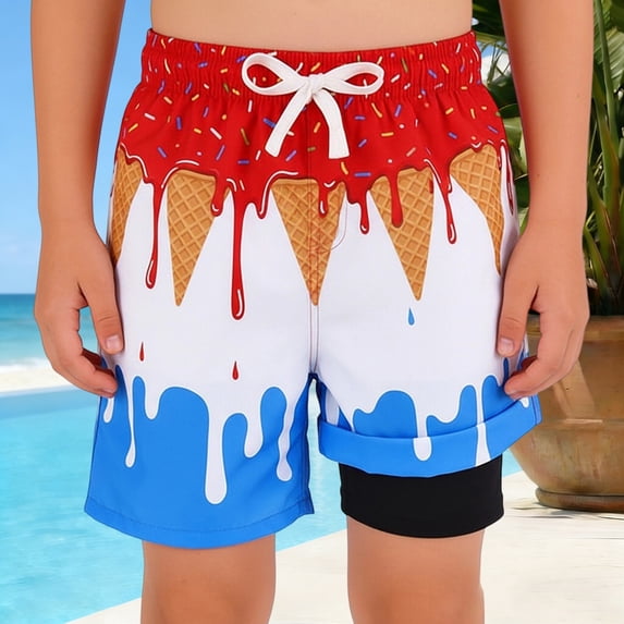 RTKFRFLM Unisex Kids July 4th Patriotic Swim Trunks Ice Cream Print Beach Shorts with Side Pockets for Boys and Girls Quick Drying Summer Bathing Suit 2-14