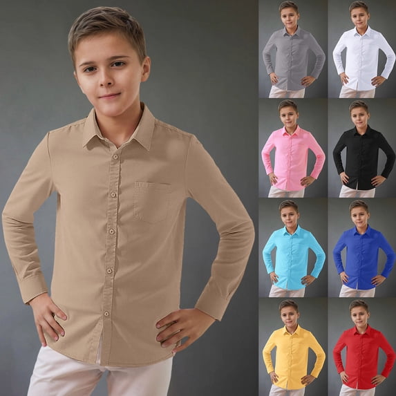 RTKFRFLM Unisex Kids' Long Sleeve Button Down Shirt Classic Solid Color Lapel Collared Gentleman's Top Fashionable Formal Dress Shirt for Boys and Girls School Uniform Size 4-16 Years
