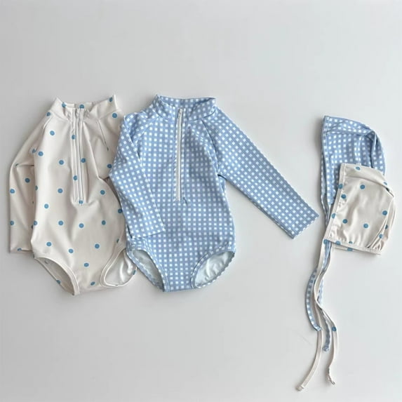 RTKFRFLM Unisex Toddler One Piece Swimsuit Long Sleeve Gingham Check Print Rash Guard with Hat UV Sun Protection