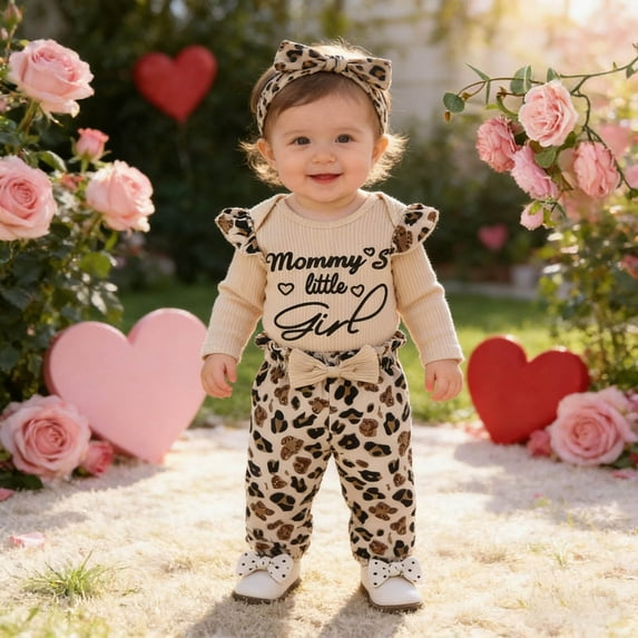 RTKFRFLM Valentine's Day Gift Baby Girl Clothes Set 3PC Newborn & Infant Flora Romper with Ruffle Pants Soft Cotton 0-24 Months Outfit for Photo Shoot