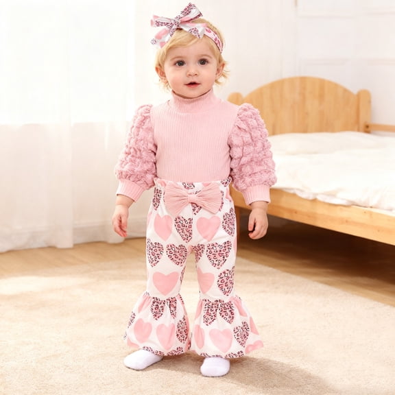 RTKFRFLM Valentine's Day Gift Baby Girl Clothes Set 3PC & Flora Romper with Ruffle Pants Soft Cotton 0-24 Months Outfit for Photo