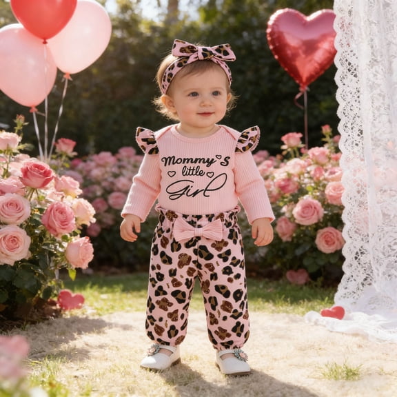 RTKFRFLM Valentine's Day Newborn Baby Girl Clothes Outfits Infant Romper Ruffle Long Sleeve Floral Pants Cute Toddler Baby Girl Leopard Clothes Set 3PC