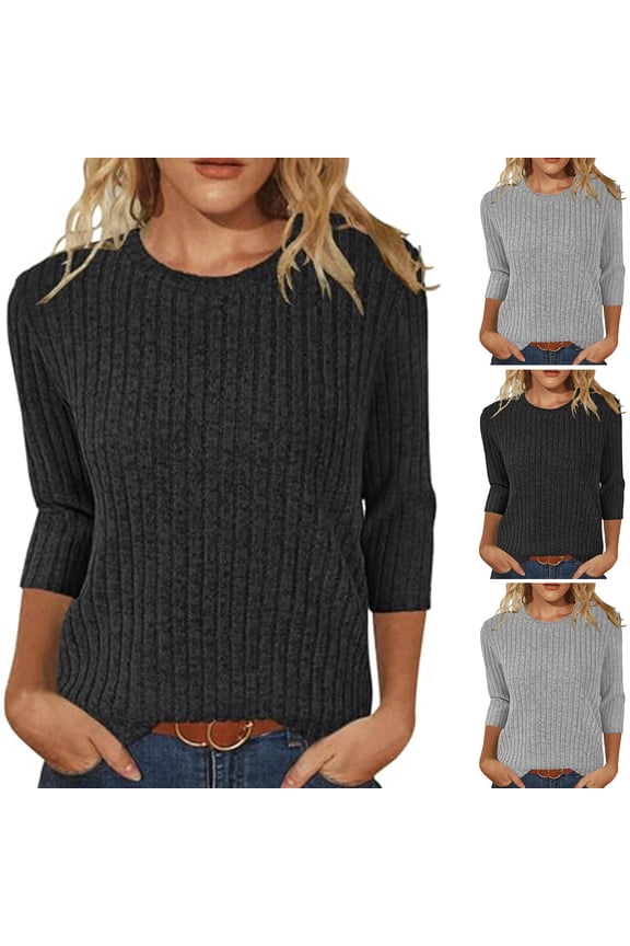 RTKFRFLM Women's Casual Round Neck 3/4 Sleeve T-Shirt Brushed Ribbed Knit Top Solid Color Soft Stretchy Tee Stylish Ladies Fashion Versatile Pullover Blouse Comfortable Spring