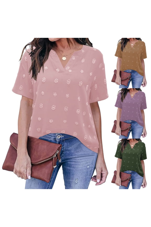 Women's Chiffon Jacquard V Neck Top Summer Fashion Casual Loose Fit Tunic Blouse Soft Lightweight Breathable Daily Wear Trendy Elegant Pullover Clothing For Ladies Comfortable