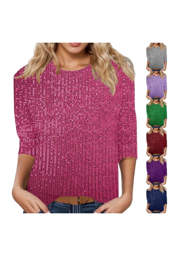 Women's Commuter Solid Color Sequin 3/4 Sleeve T-Shirt Loose Fit Round Neck Sparkly Top Fashion Glitter Bling Bling Party Rave Tee Summer Elegant Blouse Shiny Tunic Shirt For Ladies