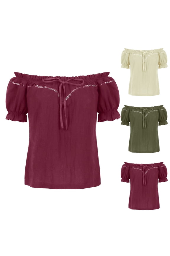 Women's Dark Renaissance Off Shoulder Blouse Puff Sleeve Pirate Shirt Gothic Steampunk Top Fashion Retro Victorian Summer Tunic Soft Lightweight Breathable Casual Tee