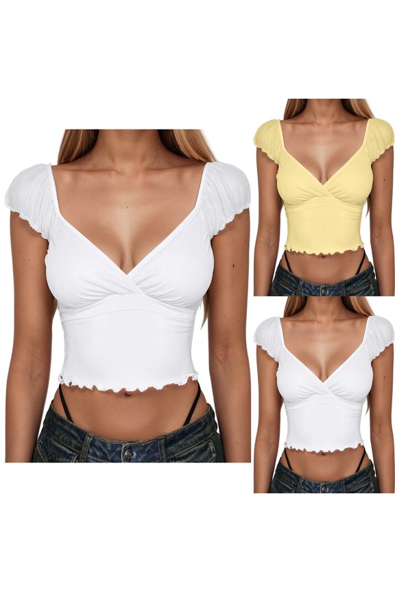 RTKFRFLM Women's Deep V Neck Short Sleeve T-Shirt Wrap Front Cross Top Summer Slim Fit Ruched Tee Fashion Solid Color Soft Stretchy Lightweight Breathable Trendy Elegant For Ladies