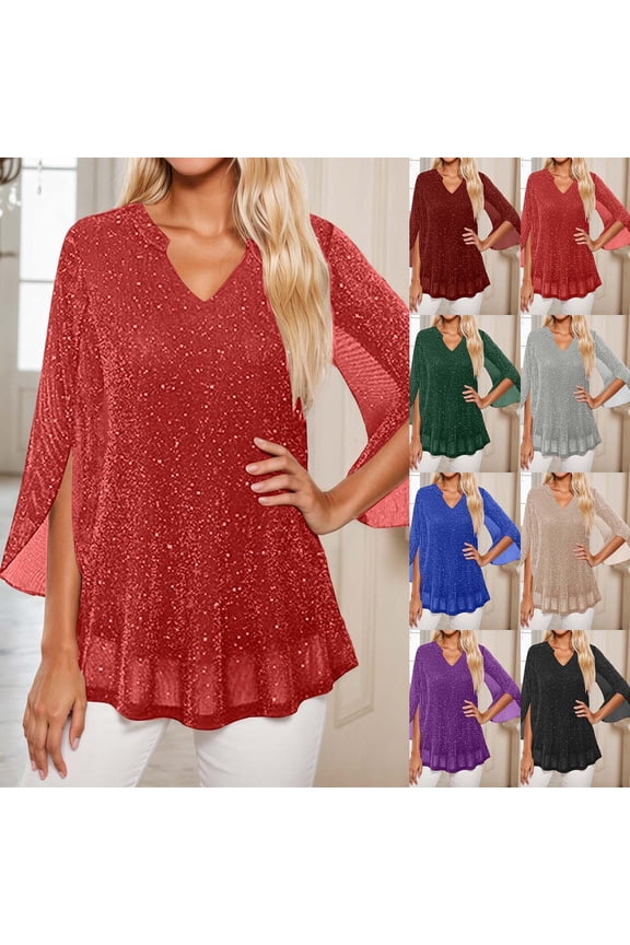 Women's Double Layer Silver Wire Mesh T-Shirt V Neck 3/4 Flare Sleeve Top Summer Fashion Sparkly Glitter Blouse Loose Fit Tunic Soft Lightweight Breathable Party Clubwear Rave Tee