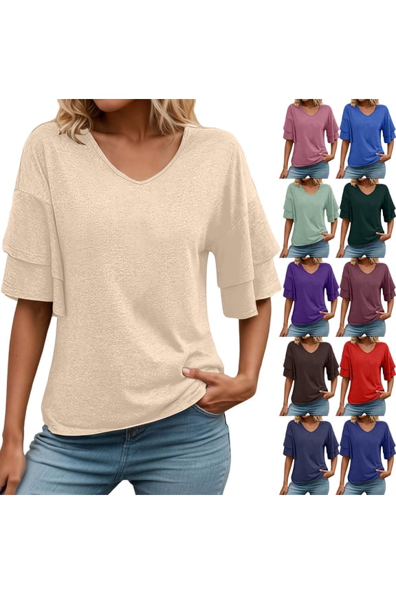Women's Elegant V Neck Blouse Summer Double Layer Flare Sleeve Top Fashion Solid Color Casual Shirt Trendy Ladies Stylish Pullover T-Shirt Sophisticated Daily Wear