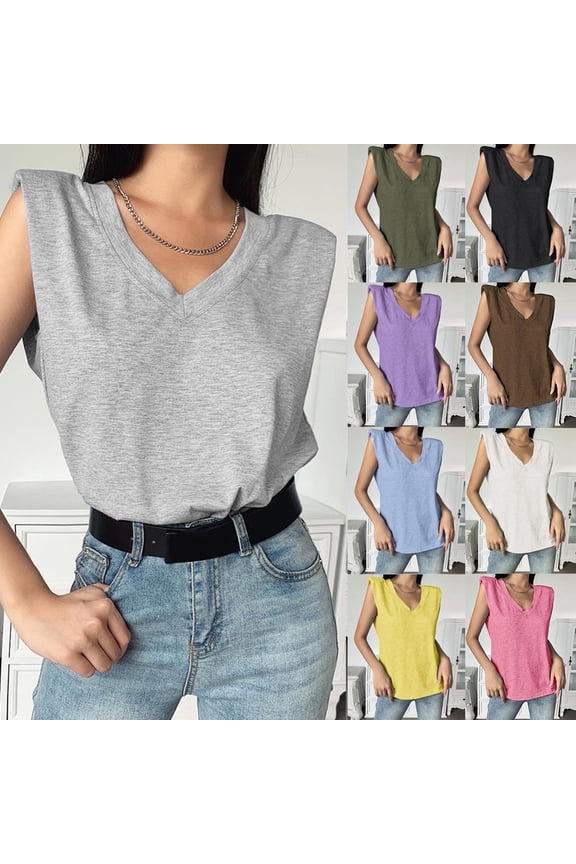 Women's Fashion Solid Color Sleeveless V Neck T-Shirt With Shoulder Pads Summer Tunic Blouse Casual Basic Tee Soft Lightweight Breathable Daily Wear Trendy Elegant Pullover Clothing