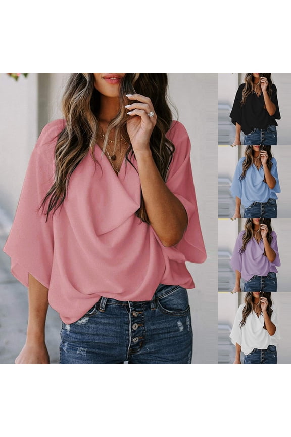 Women's Fashion V Neck Cloak Style Blouse Summer Casual Loose Fit Chiffon Shirt Tunic Top Soft Lightweight Breathable Daily Wear Trendy Elegant Dressy Pullover Clothing For Ladies