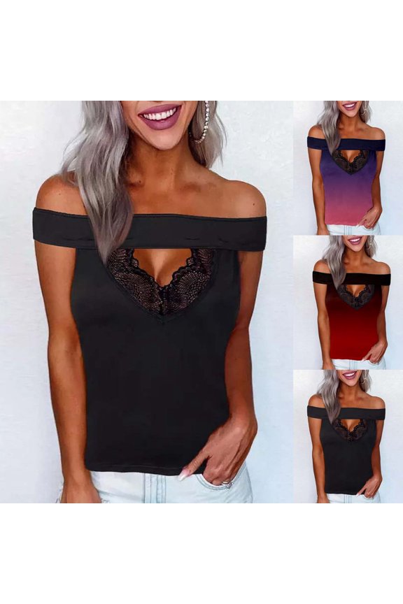 Women's Hollow Out Lace Patchwork Off Shoulder T-Shirt Summer Fashion Gradient Solid Color Tee Soft Lightweight Breathable Party Clubwear Rave Trendy Elegant Tunic Blouse For Lady