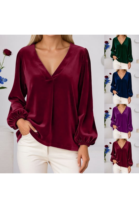 Women's Luxury Velvet T-Shirt Summer V Neck Lantern Sleeve Elegant Top Solid Color Glossy Tee Trendy Ladies Fashion Sophisticated Pullover Blouse Chic Party Clubwear