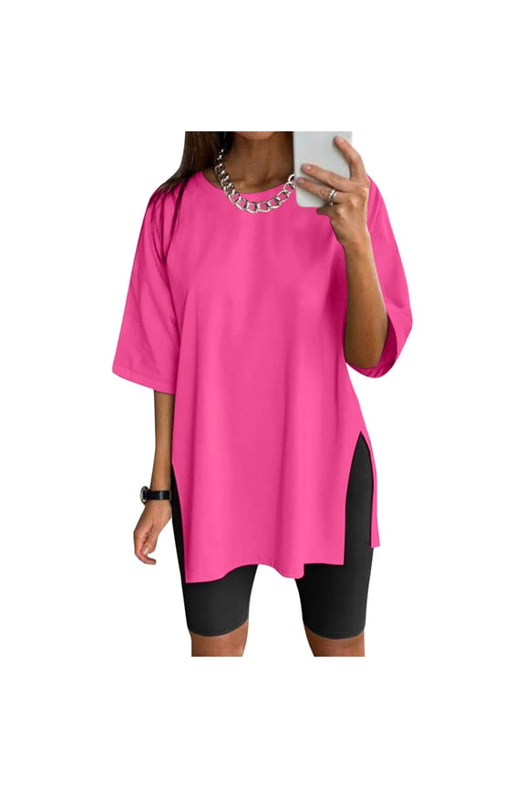 Women's Oversized Athletic Shirt Short Sleeve Loose Fit Summer Side Split Tunic Top Casual Baggy Workout Tee Fashion Solid Color Soft Stretchy Breathable Plus Size Yoga Gym Sporty Shirt