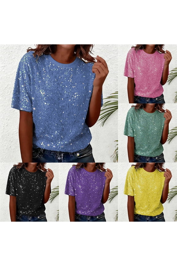 Women's Pink Sequin Short Sleeve T-Shirt Summer Sparkly Bling Bling Clubwear Party Top Fashion Loose Fit Shiny Glitter Tee Shirt Korean Style Evening Night Out Rave Festival Sparkle Top
