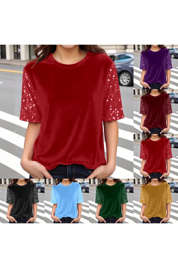 Women's Round Neck Short Sleeve T-Shirt Sequin Patchwork Top Summer Fashion Casual Tunic Blouse Soft Lightweight Breathable Party Clubwear Rave Trendy Elegant Pullover Clothing