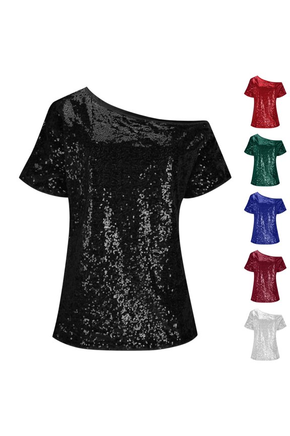 Women's Sequin Double Layer Top Casual Solid Color Loose Fit Cold Shoulder Sparkly T-Shirt Fashion Shiny Glitter Party Clubwear Rave Tee Summer Elegant Blouse Soft Lightweight