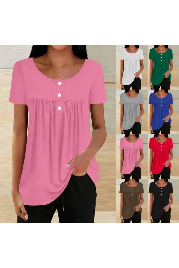 Women's Short Sleeve Casual Blouse Button Down Cardigan Loose Fit Pleated Design Top Summer Fashion Solid Color Soft Lightweight Breathable Daily Wear Trendy Elegant Tunic Shirt For Lady