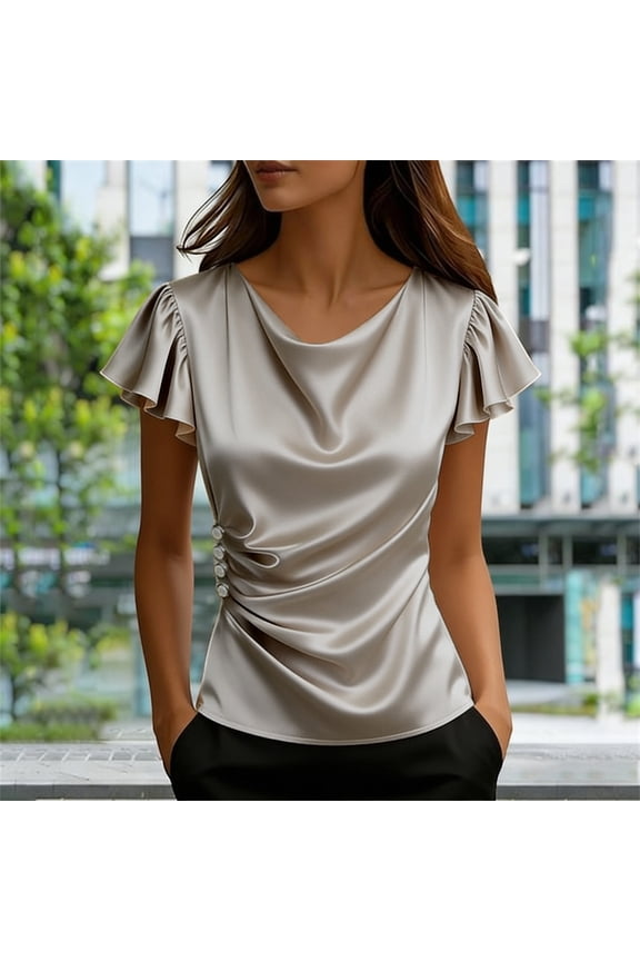 Women's Off Shoulder Satin T-Shirt Summer Boat Neck Short Sleeve Silk Like Blouse Slim Fit Elegant Dressy Top High End Fashion Basic Tee Luxury Smooth Waist Shaping Base Layer Clothing