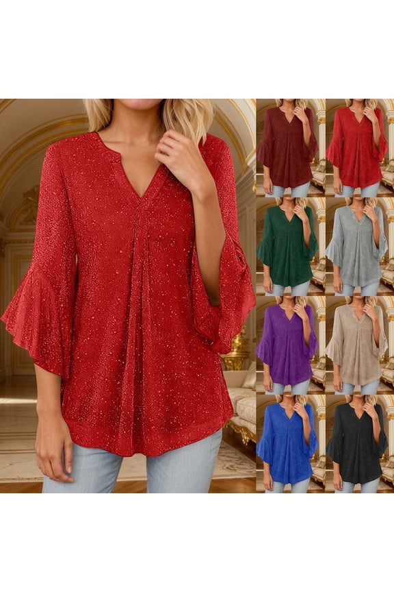 Women's Silver Wire Mesh T-Shirt V Neck Petal 3/4 Sleeve Blouse Summer Fashion Sparkly Glitter Top Loose Fit Tunic Soft Lightweight Breathable Party Clubwear Rave Trendy Elegant