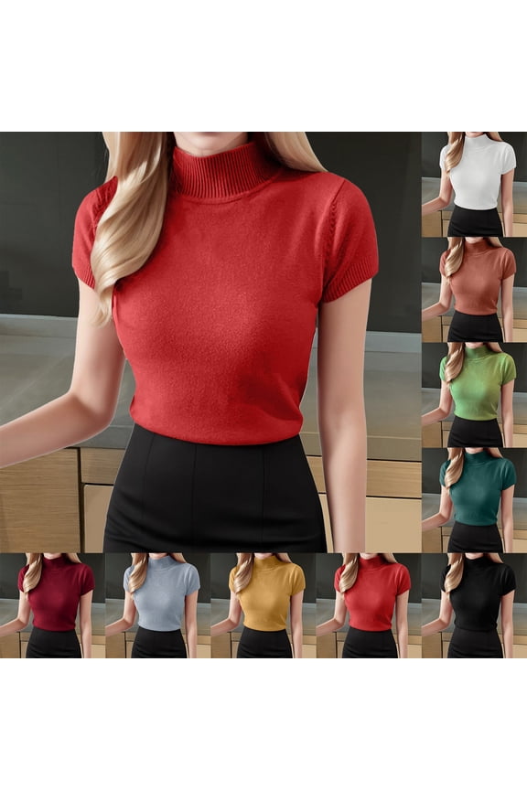 Women's Solid Color Mock Neck Short Sleeve Knit Sweater Summer Fashion Slim Fit Base Layer Top Casual Tunic Blouse Soft Stretchy Lightweight Daily Wear Trendy Elegant Pullover Clothing