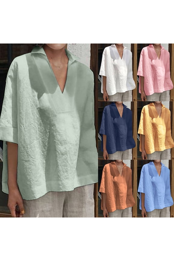 RTKFRFLM Women's V Neck Short Sleeve Cotton Linen Shirt Summer Fashion Casual Tunic Top Solid Color Basic Tee Breathable Soft Lightweight Daily Wear Trendy Elegant Pullover Clothing For Lady