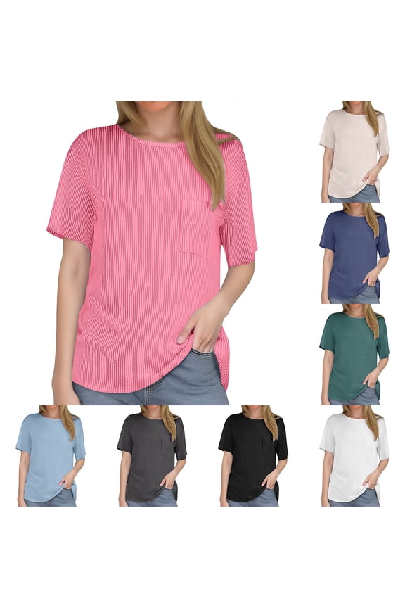 Womens Summer Tops Casual Color Block Wavy Stripe Short Sleeve Pocket T-Shirts Fashion Spring Clothing Trendy Ladies Pullover Tunic Blouse Daily Wear Tee