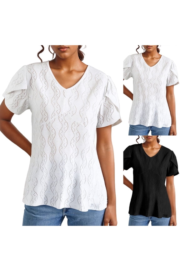 Womens Summer Tops V Neck Flutter Short Sleeve Casual T-Shirts Fashion Solid Color Spring Clothing Trendy Ladies Loose Fit Pullover Tunic Blouse Daily Wear