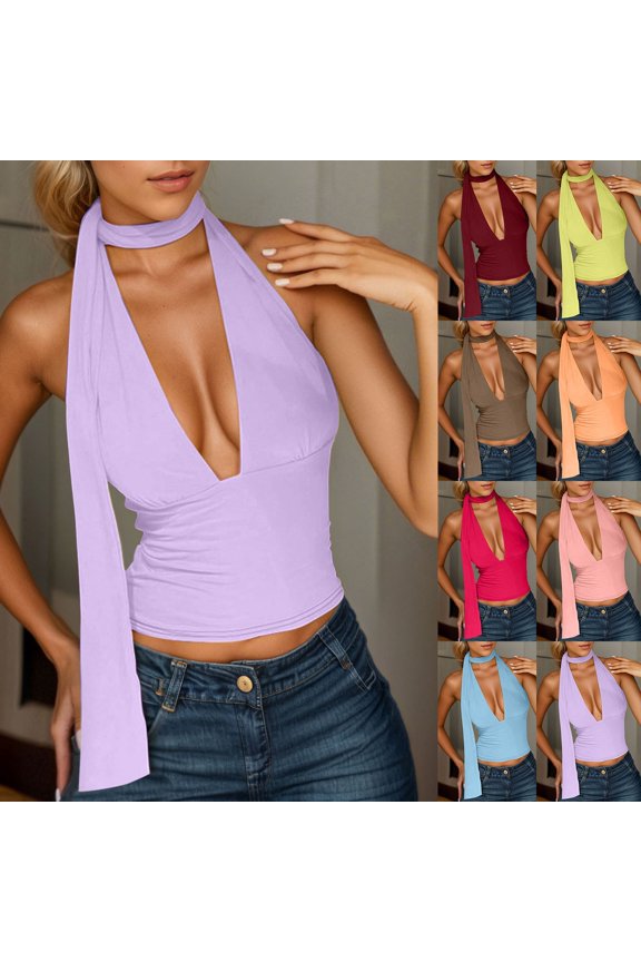 Womens Tank Tops Halter Neck Backless Hollow Out Cami Tops Fashion Summer Spring Clothing Trendy Ladies Solid Color Basic Pullover Tunic Blouse Outfits