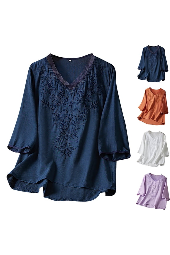 Womens Tops Retro Embroidery T Shirts For Women Vintage Solid Color Half Sleeve Artistic Boho Blouse Casual Fashion Summer Tee Shirts Soft Elegant Crewneck Pullover Ladies Daily Clothing
