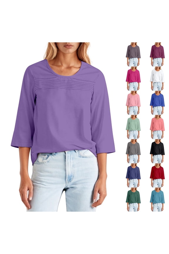 Womens Tops Round Neck 3/4 Sleeve T Shirts For Women Fashion Front Pleated Pintuck Casual Solid Color Summer Blouses Trendy Soft Pullover Tee Shirts Ladies Elegant Stylish Daily Wear