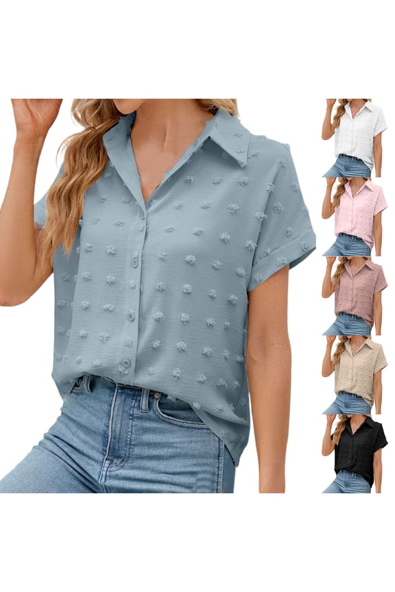 Womens Tops Summer Shirts For Women Short Sleeve Tops Loose Fit Button Down Chiffon Blouses Fashion Pom Pom Design Trendy Soft Casual Pullover Shirts For Ladies Elegant Daily Wear
