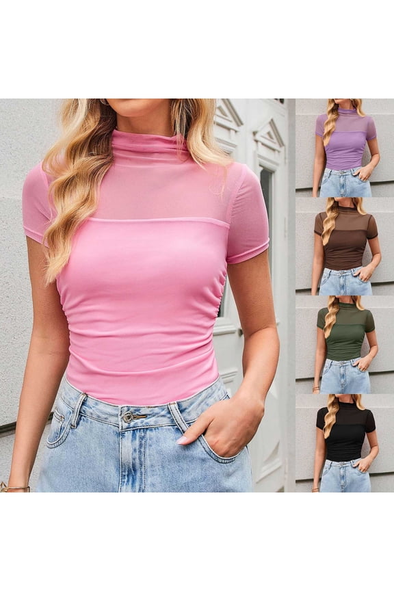Womens Tops Summer Trendy Y2K Tops For Women Double Layer Mesh Short Sleeve Tops Fashion High Neck Sheer T-Shirts Tee Shirts Ladies Elegant Chic Streetwear Wear Clothing
