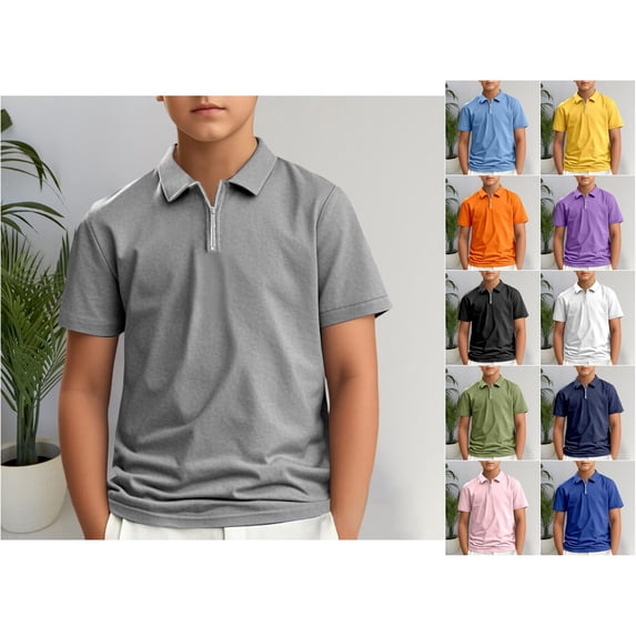RTKFRFLM Youth Kids Quarter Zip Polo Shirt Classic Solid Color Collared Short Sleeve Gentleman Dress Blouse Tee Top 3-14Y