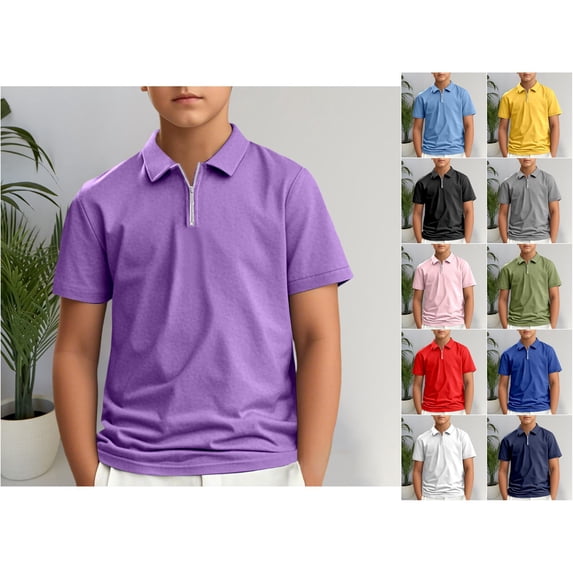 RTKFRFLM Youth Kids Quarter Zip Polo Shirt Classic Solid Color Collared Short Sleeve Gentleman Dress Blouse Tee Top 3-14Y