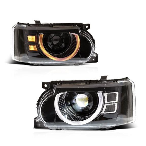 RTMOTO LED Headlights Assembly Compatible with Range Rover Executive L322 SE/HSE/Vogue/Vogue SE 2010-2013 Halo Projector Blue Startup Hi-low Beam DRL Strips&Amber Sequential Signal Light Euro Clear