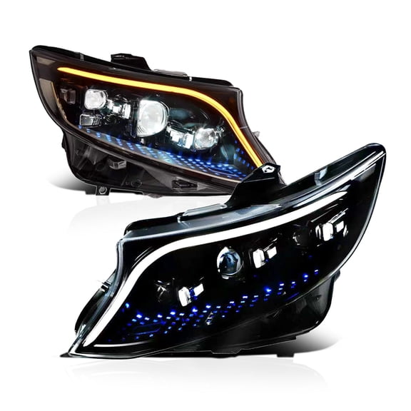 RTMOTO LED Headlights Assembly Compatible with W447 Vito Van 2016-2024 3 Lens Projector Hi-Low Beam,DRL, Amber Sequential Turn Signal & AFS Adaptive Function Blue Starlights Startup Euro Style