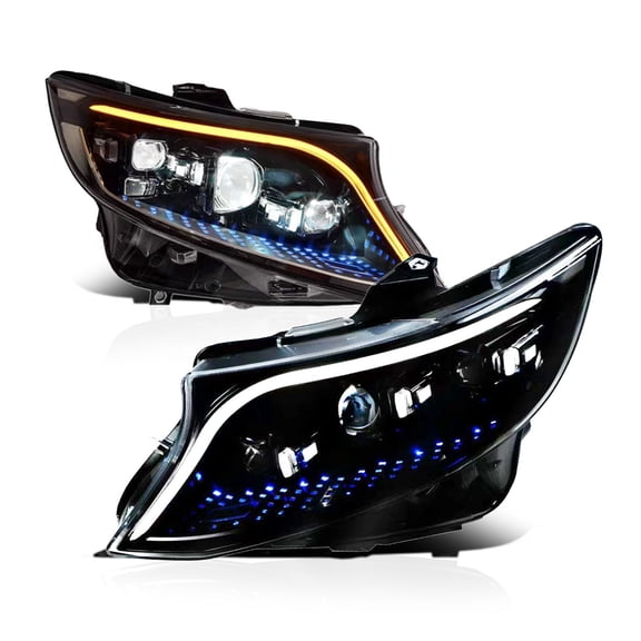 RTMOTO LED Headlights Assembly Compatible with W447 Vito Van 2016-2024 3 Lens Projector Hi-Low Beam,DRL, Amber Sequential Turn Signal & AFS Adaptive Function Blue Starlights Startup Euro Style
